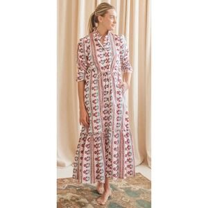 La Maison de Frederic Floral Print Maxi Dress White Pink Green Tie Waist Size M